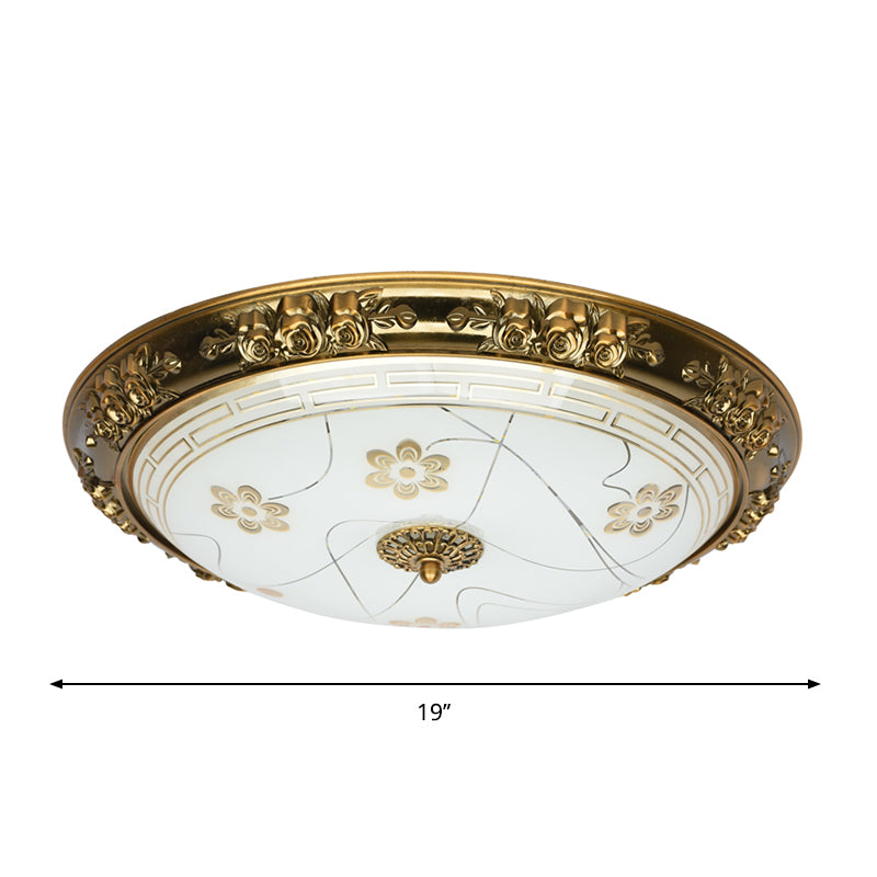 Textured Glass Bowl Flushmount Lamp Farmhouse 12.5"/15"/19" Wide LED Bedroom Flush Mount Lighting in Gold, Warm/White Light Clearhalo 'Ceiling Lights' 'Close To Ceiling Lights' 'Close to ceiling' 'Flush mount' Lighting' 1224179