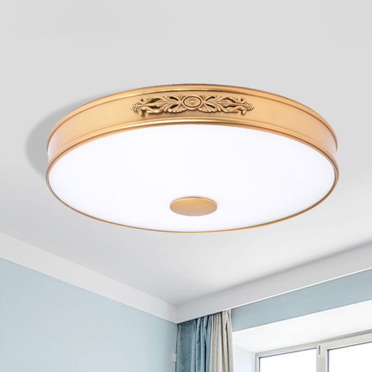 Gold 12"/16"/19.5" W LED Ceiling Lamp Fixture Antiqued Cream Glass Round Flush Mount Lighting for Bedroom Gold Clearhalo 'Ceiling Lights' 'Close To Ceiling Lights' 'Close to ceiling' 'Flush mount' Lighting' 1224198