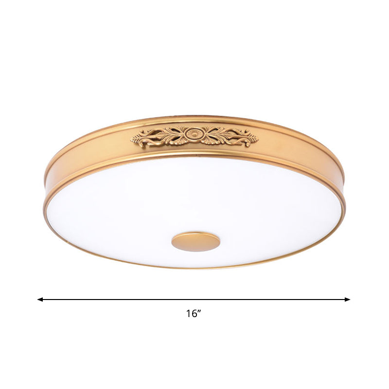 Gold 12"/16"/19.5" W LED Ceiling Lamp Fixture Antiqued Cream Glass Round Flush Mount Lighting for Bedroom Clearhalo 'Ceiling Lights' 'Close To Ceiling Lights' 'Close to ceiling' 'Flush mount' Lighting' 1224202