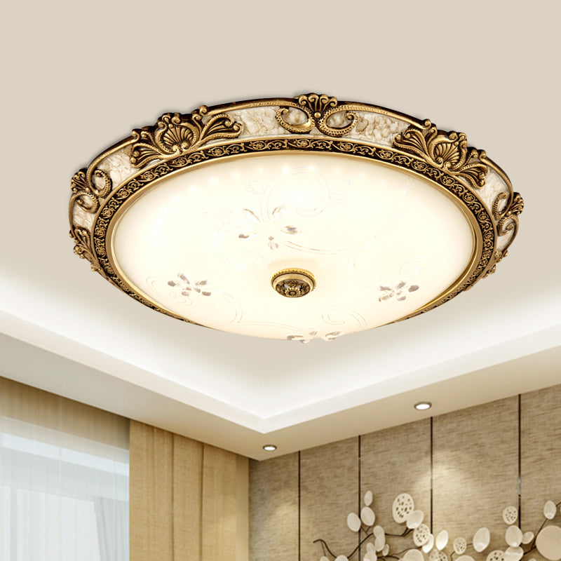 Brass LED Flushmount Light Vintage Style Cream Glass Bowl Shape Flush Lamp Fixture in Warm/White Light, 13"/16"/19.5" Wide Brass Clearhalo 'Ceiling Lights' 'Close To Ceiling Lights' 'Close to ceiling' 'Flush mount' Lighting' 1224210