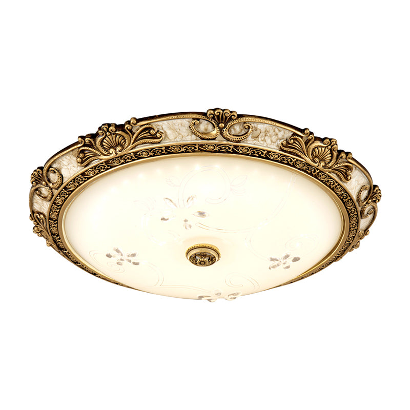 Brass LED Flushmount Light Vintage Style Cream Glass Bowl Shape Flush Lamp Fixture in Warm/White Light, 13"/16"/19.5" Wide Clearhalo 'Ceiling Lights' 'Close To Ceiling Lights' 'Close to ceiling' 'Flush mount' Lighting' 1224212