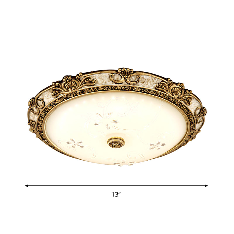 Brass LED Flushmount Light Vintage Style Cream Glass Bowl Shape Flush Lamp Fixture in Warm/White Light, 13"/16"/19.5" Wide Clearhalo 'Ceiling Lights' 'Close To Ceiling Lights' 'Close to ceiling' 'Flush mount' Lighting' 1224213