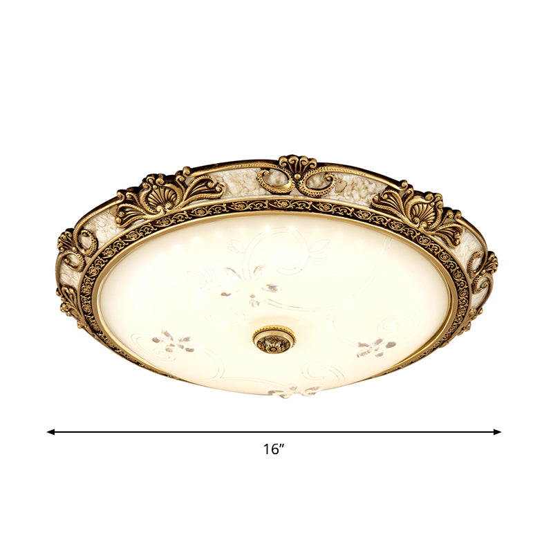 Brass LED Flushmount Light Vintage Style Cream Glass Bowl Shape Flush Lamp Fixture in Warm/White Light, 13"/16"/19.5" Wide Clearhalo 'Ceiling Lights' 'Close To Ceiling Lights' 'Close to ceiling' 'Flush mount' Lighting' 1224214