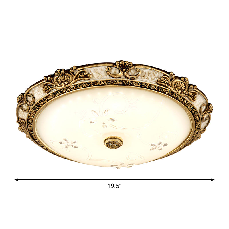 Brass LED Flushmount Light Vintage Style Cream Glass Bowl Shape Flush Lamp Fixture in Warm/White Light, 13"/16"/19.5" Wide Clearhalo 'Ceiling Lights' 'Close To Ceiling Lights' 'Close to ceiling' 'Flush mount' Lighting' 1224215