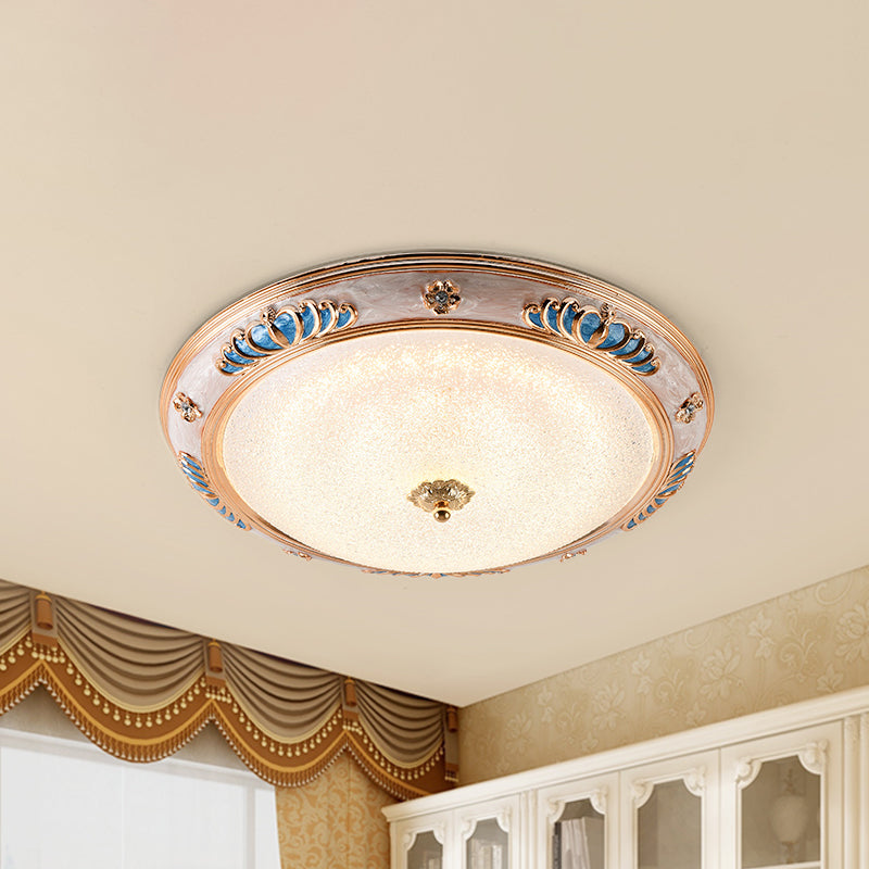 Bowl Frosted Glass Ceiling Lamp Fixture Countryside 14"/16"/19.5" Wide LED Bedroom Flush Lighting in Gold, Warm/White Light Clearhalo 'Ceiling Lights' 'Close To Ceiling Lights' 'Close to ceiling' 'Flush mount' Lighting' 1224258