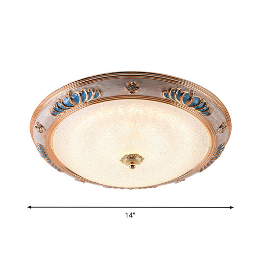 Bowl Frosted Glass Ceiling Lamp Fixture Countryside 14"/16"/19.5" Wide LED Bedroom Flush Lighting in Gold, Warm/White Light Clearhalo 'Ceiling Lights' 'Close To Ceiling Lights' 'Close to ceiling' 'Flush mount' Lighting' 1224260
