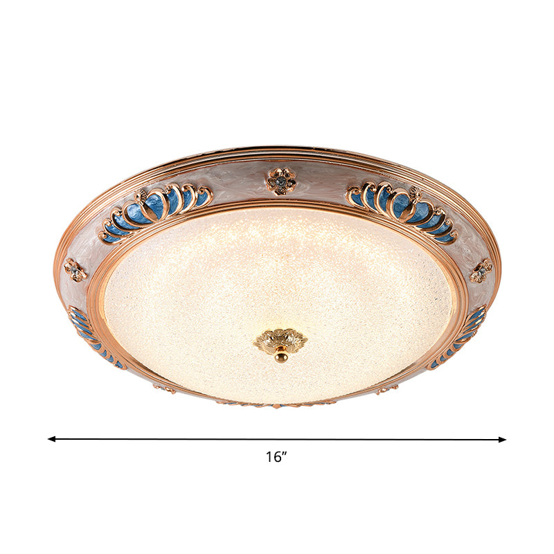 Bowl Frosted Glass Ceiling Lamp Fixture Countryside 14"/16"/19.5" Wide LED Bedroom Flush Lighting in Gold, Warm/White Light Clearhalo 'Ceiling Lights' 'Close To Ceiling Lights' 'Close to ceiling' 'Flush mount' Lighting' 1224261