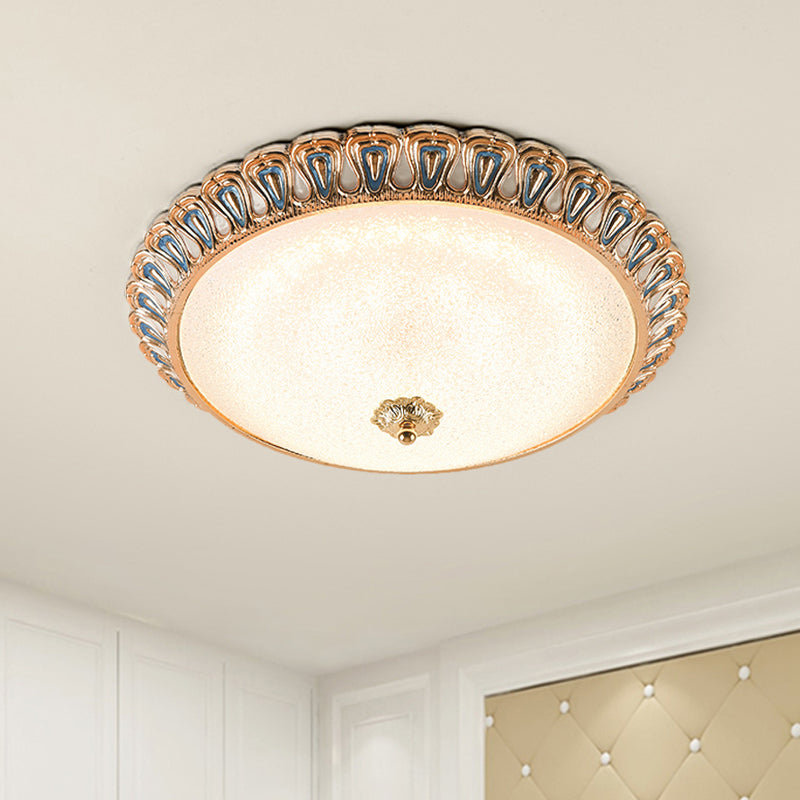 Gold LED Flush Mounted Light Farmhouse Cream Glass Dome Shade Flush Lamp in Warm/White Light for Bedroom, 14"/16"/19.5" Wide Gold Clearhalo 'Ceiling Lights' 'Close To Ceiling Lights' 'Close to ceiling' 'Flush mount' Lighting' 1224267