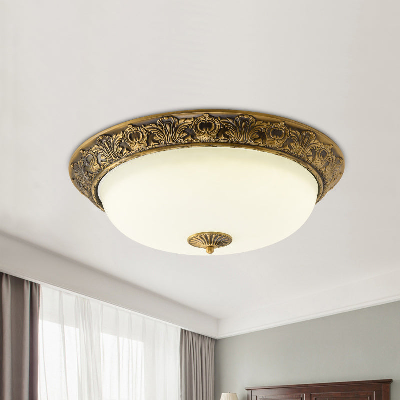 Brass Bowl Shaped Flushmount Lamp Traditional White Frosted Glass 12"/16"/19.5" Wide LED Bedroom Flush Light Brass Clearhalo 'Ceiling Lights' 'Close To Ceiling Lights' 'Close to ceiling' 'Flush mount' Lighting' 1224307