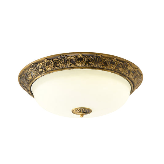 Brass Bowl Shaped Flushmount Lamp Traditional White Frosted Glass 12"/16"/19.5" Wide LED Bedroom Flush Light Clearhalo 'Ceiling Lights' 'Close To Ceiling Lights' 'Close to ceiling' 'Flush mount' Lighting' 1224308