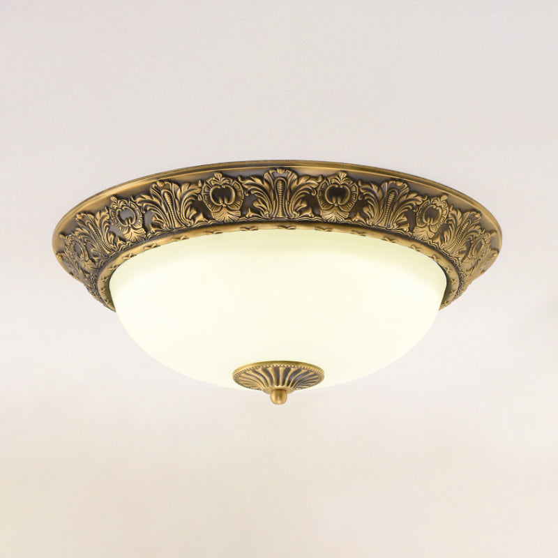 Brass Bowl Shaped Flushmount Lamp Traditional White Frosted Glass 12"/16"/19.5" Wide LED Bedroom Flush Light Clearhalo 'Ceiling Lights' 'Close To Ceiling Lights' 'Close to ceiling' 'Flush mount' Lighting' 1224309