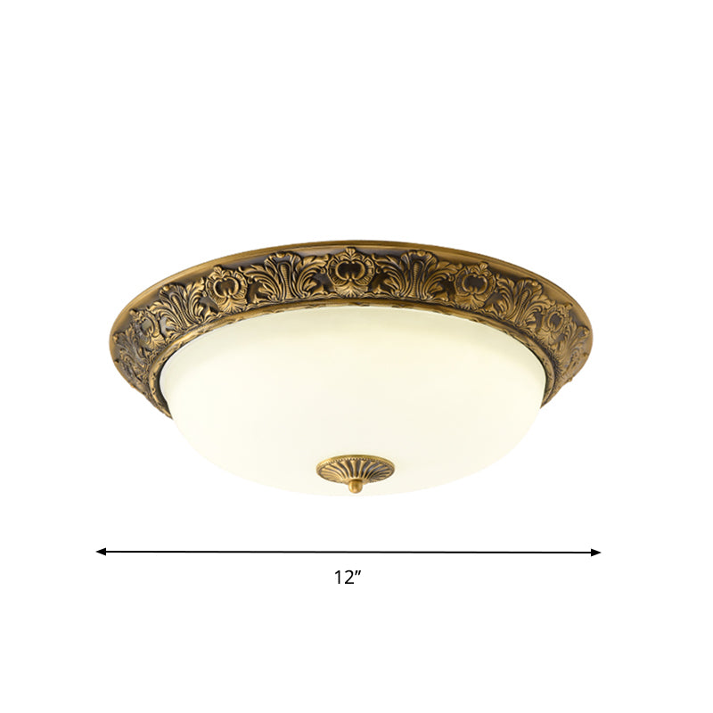 Brass Bowl Shaped Flushmount Lamp Traditional White Frosted Glass 12"/16"/19.5" Wide LED Bedroom Flush Light Clearhalo 'Ceiling Lights' 'Close To Ceiling Lights' 'Close to ceiling' 'Flush mount' Lighting' 1224310