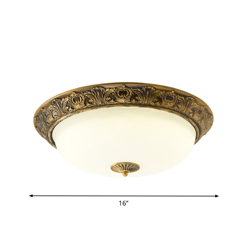 Brass Bowl Shaped Flushmount Lamp Traditional White Frosted Glass 12"/16"/19.5" Wide LED Bedroom Flush Light Clearhalo 'Ceiling Lights' 'Close To Ceiling Lights' 'Close to ceiling' 'Flush mount' Lighting' 1224311