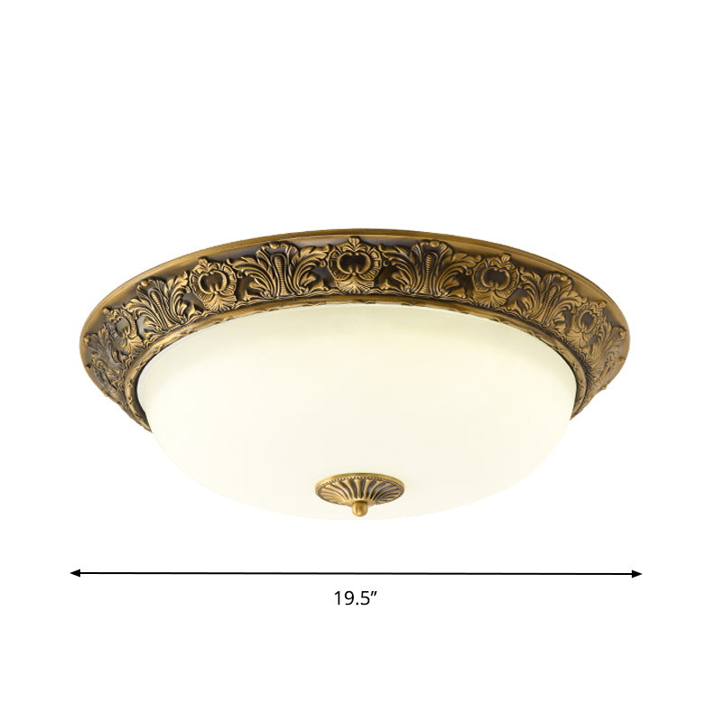 Brass Bowl Shaped Flushmount Lamp Traditional White Frosted Glass 12"/16"/19.5" Wide LED Bedroom Flush Light Clearhalo 'Ceiling Lights' 'Close To Ceiling Lights' 'Close to ceiling' 'Flush mount' Lighting' 1224312