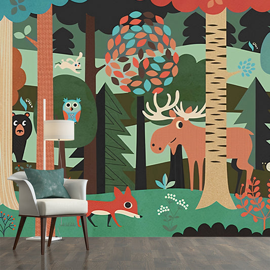 Cartoon Jungle Animal Mural Wallpaper for Child Room Custom Size Wall Art in Dark Color Clearhalo 'Wall Decor' 'Wall Mural' 1224407