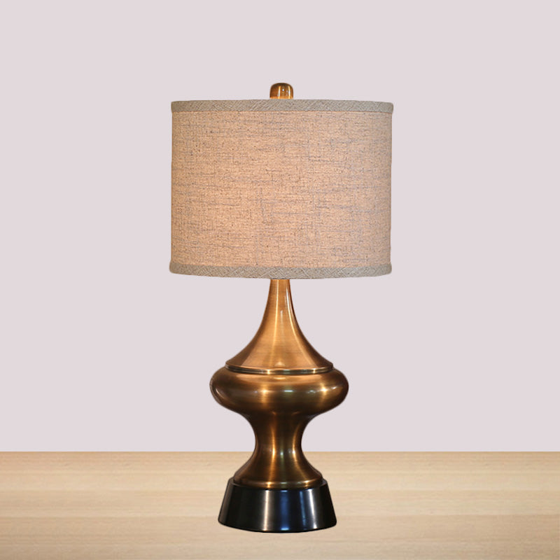 Bronze/Nickel Drum Shaped Desk Light Vintage Style Fabric 1 Light Guest Room Night Table Lamp Clearhalo 'Lamps' 'Table Lamps' Lighting' 1224491
