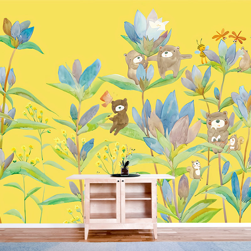 Bear in Flowers Wall Murals Childrens Art Waterproof Baby Room Wall Decor, Custom Size Available Yellow Clearhalo 'Wall Decor' 'Wall Mural' 1224524