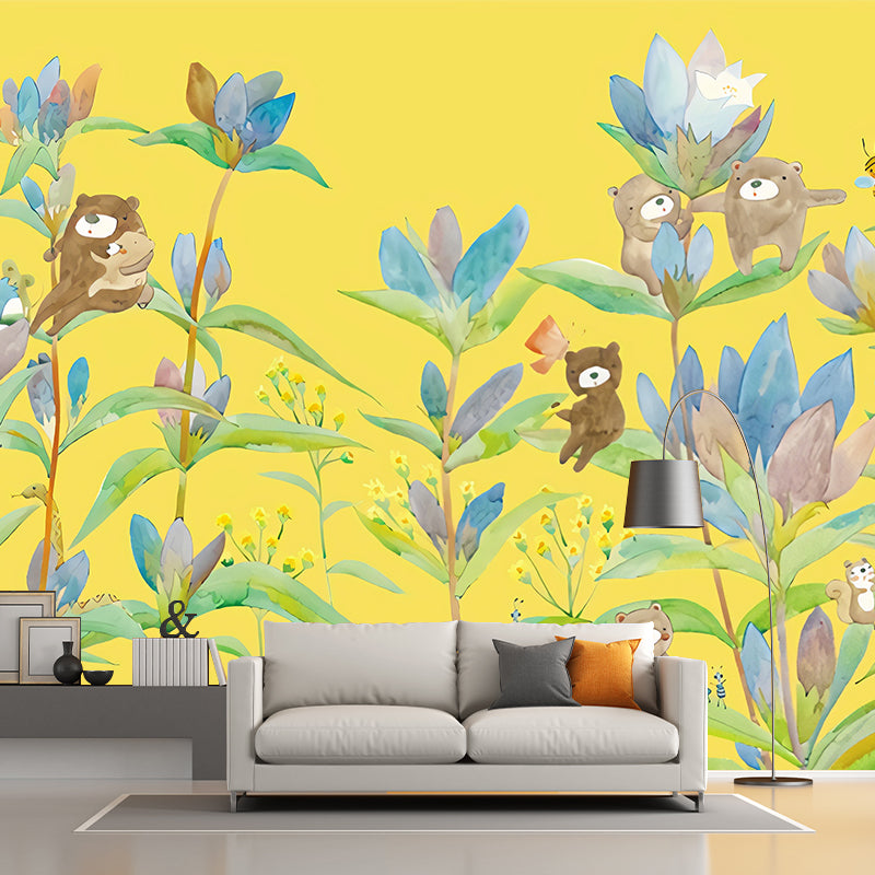 Bear in Flowers Wall Murals Childrens Art Waterproof Baby Room Wall Decor, Custom Size Available Clearhalo 'Wall Decor' 'Wall Mural' 1224525