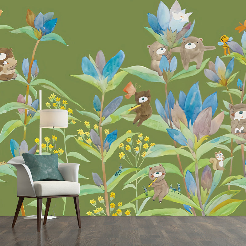 Bear in Flowers Wall Murals Childrens Art Waterproof Baby Room Wall Decor, Custom Size Available Green Clearhalo 'Wall Decor' 'Wall Mural' 1224534