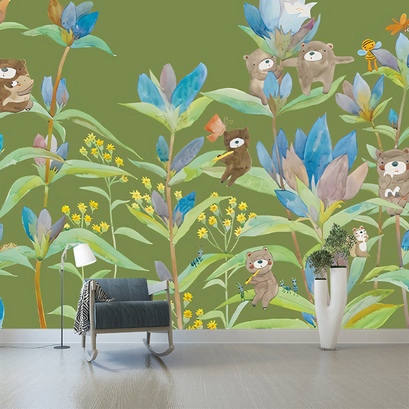 Bear in Flowers Wall Murals Childrens Art Waterproof Baby Room Wall Decor, Custom Size Available Clearhalo 'Wall Decor' 'Wall Mural' 1224536