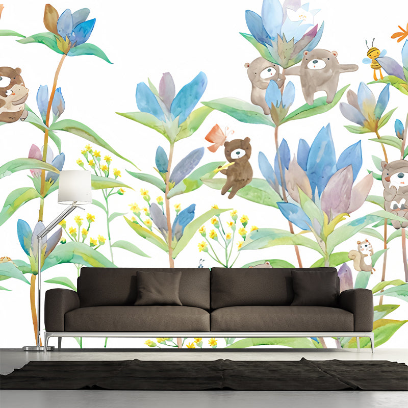 Bear in Flowers Wall Murals Childrens Art Waterproof Baby Room Wall Decor, Custom Size Available White Clearhalo 'Wall Decor' 'Wall Mural' 1224539