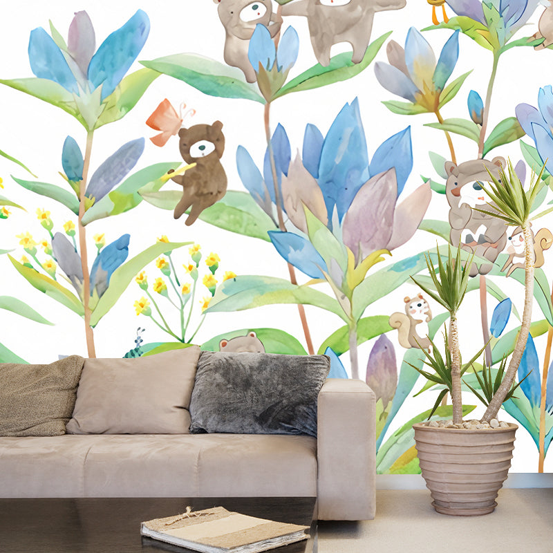 Bear in Flowers Wall Murals Childrens Art Waterproof Baby Room Wall Decor, Custom Size Available Clearhalo 'Wall Decor' 'Wall Mural' 1224541