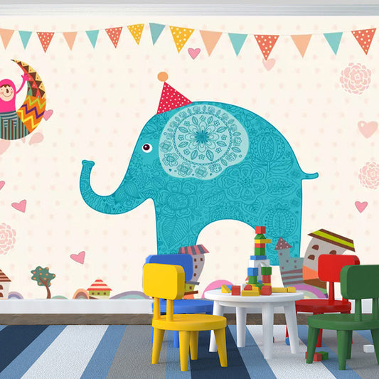 Blue Elephant Print Wall Murals Water Resistant Wall Covering for Nursery School Clearhalo 'Wall Decor' 'Wall Mural' 1224558