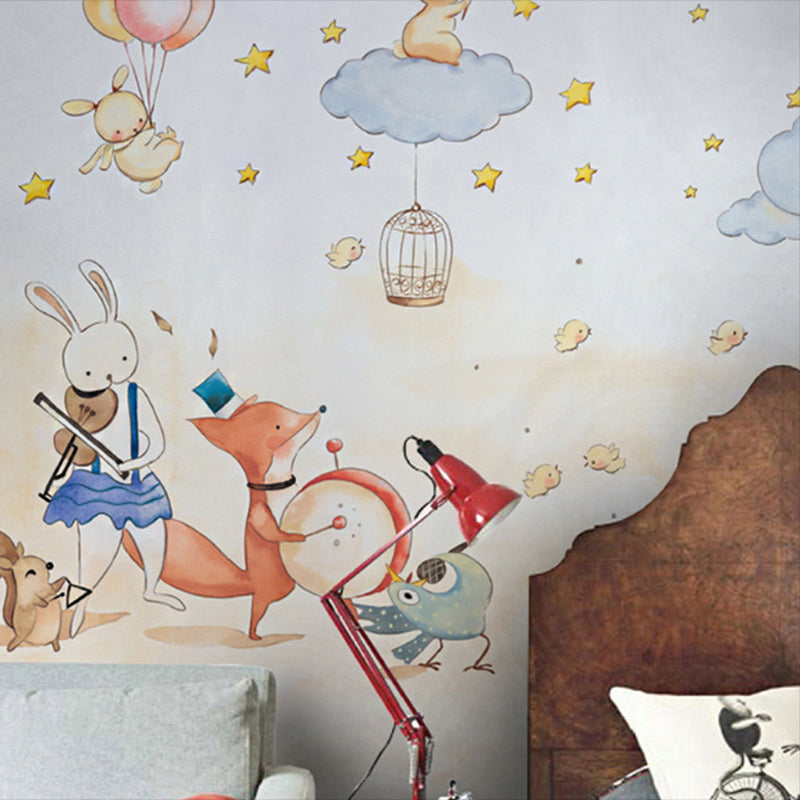 Animal Party Wall Paper Murals Cartoon Non-Woven Fabric Wall Art in Pastel Color White-Orange Clearhalo 'Wall Decor' 'Wall Mural' 1224585