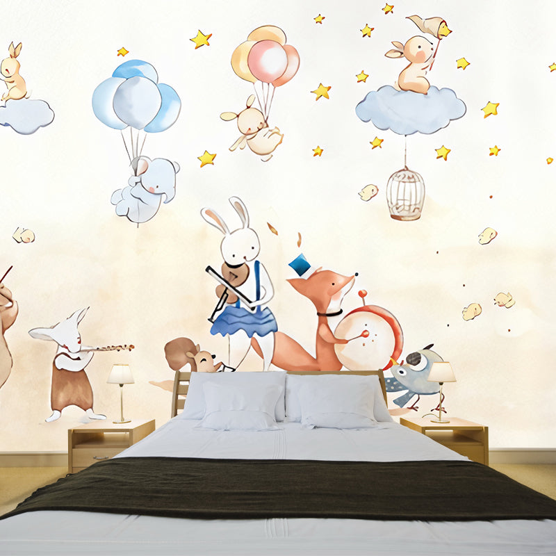 Animal Party Wall Paper Murals Cartoon Non-Woven Fabric Wall Art in Pastel Color Clearhalo 'Wall Decor' 'Wall Mural' 1224586