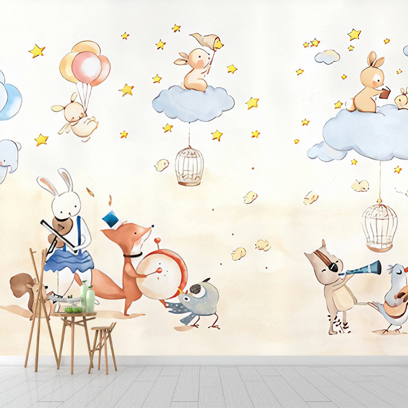 Animal Party Wall Paper Murals Cartoon Non-Woven Fabric Wall Art in Pastel Color Clearhalo 'Wall Decor' 'Wall Mural' 1224587