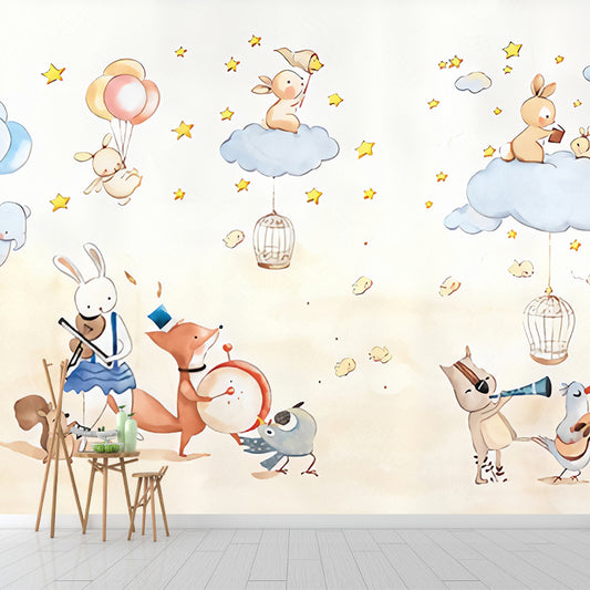 Animal Party Wall Paper Murals Cartoon Non-Woven Fabric Wall Art in Pastel Color Clearhalo 'Wall Decor' 'Wall Mural' 1224587