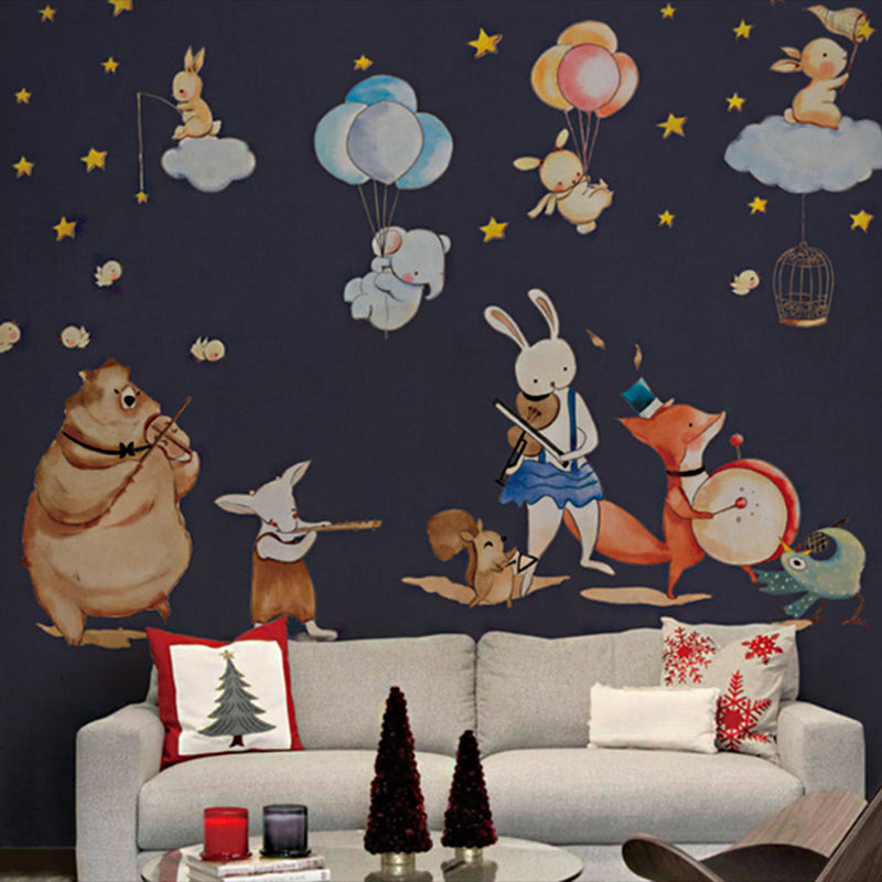 Animal Party Wall Paper Murals Cartoon Non-Woven Fabric Wall Art in Pastel Color Dark Blue Clearhalo 'Wall Decor' 'Wall Mural' 1224590