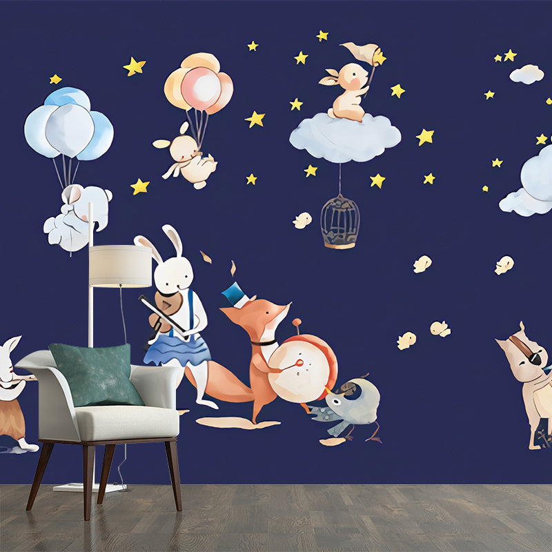 Animal Party Wall Paper Murals Cartoon Non-Woven Fabric Wall Art in Pastel Color Clearhalo 'Wall Decor' 'Wall Mural' 1224591