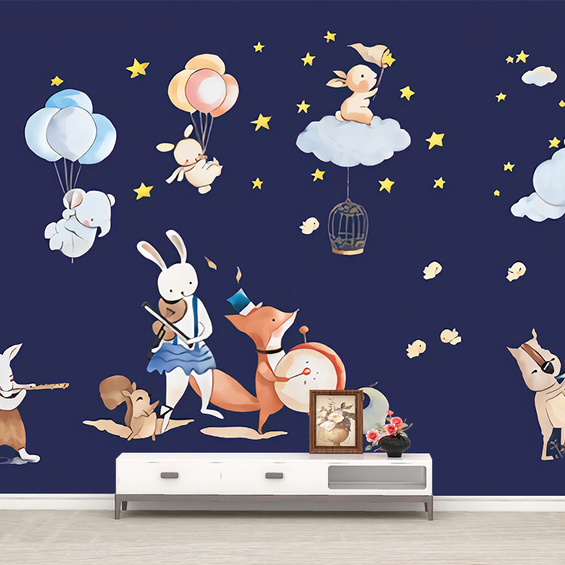 Animal Party Wall Paper Murals Cartoon Non-Woven Fabric Wall Art in Pastel Color Clearhalo 'Wall Decor' 'Wall Mural' 1224592