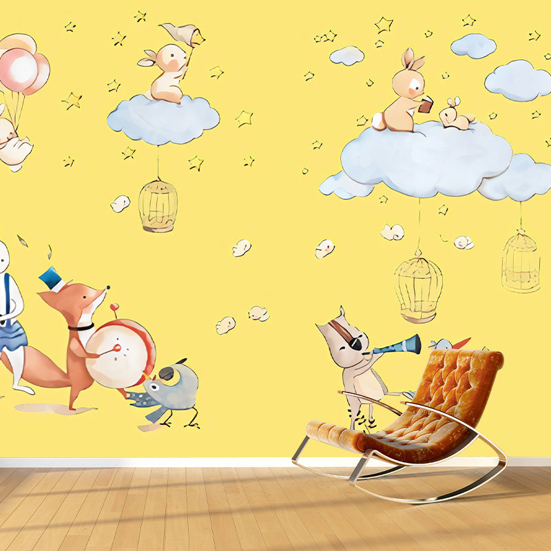 Animal Party Wall Paper Murals Cartoon Non-Woven Fabric Wall Art in Pastel Color Clearhalo 'Wall Decor' 'Wall Mural' 1224597