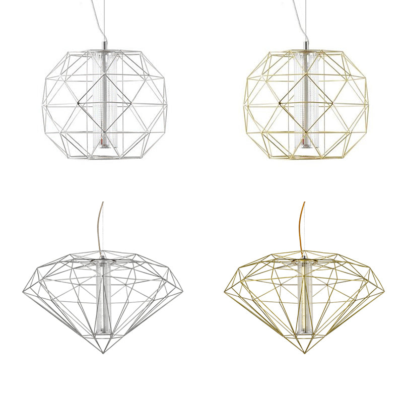 16"/23.5" W Diamond Wire Cage Pendant Light Contemporary Metal with Cylinder Glass Shade 1 Light Dining Room in Chrome/Gold Clearhalo 'Ceiling Lights' 'Modern Pendants' 'Modern' 'Pendant Lights' 'Pendants' Lighting' 122460