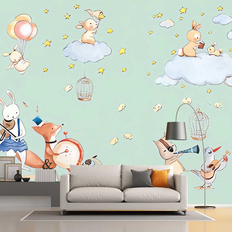 Animal Party Wall Paper Murals Cartoon Non-Woven Fabric Wall Art in Pastel Color Clearhalo 'Wall Decor' 'Wall Mural' 1224602