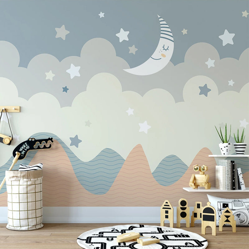 Starry Moon Night Mural Decal Light Blue and Grey Cartoon Wall Covering for Kids Room Light Blue-Grey Clearhalo 'Wall Decor' 'Wall Mural' 1224620