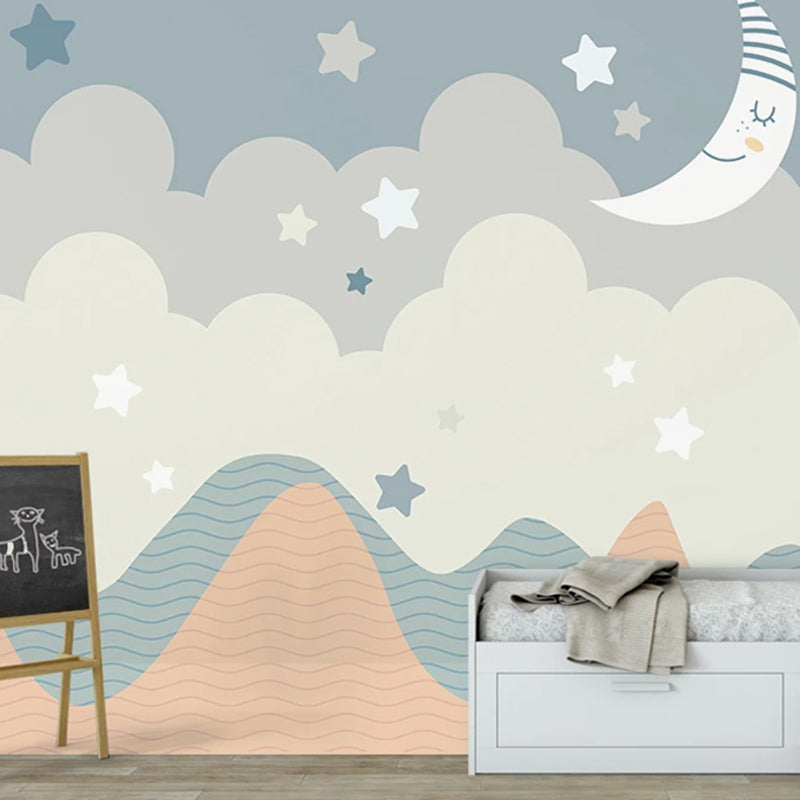 Starry Moon Night Mural Decal Light Blue and Grey Cartoon Wall Covering for Kids Room Clearhalo 'Wall Decor' 'Wall Mural' 1224622