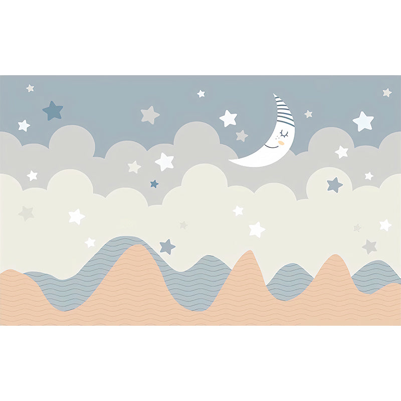 Starry Moon Night Mural Decal Light Blue and Grey Cartoon Wall Covering for Kids Room Clearhalo 'Wall Decor' 'Wall Mural' 1224623