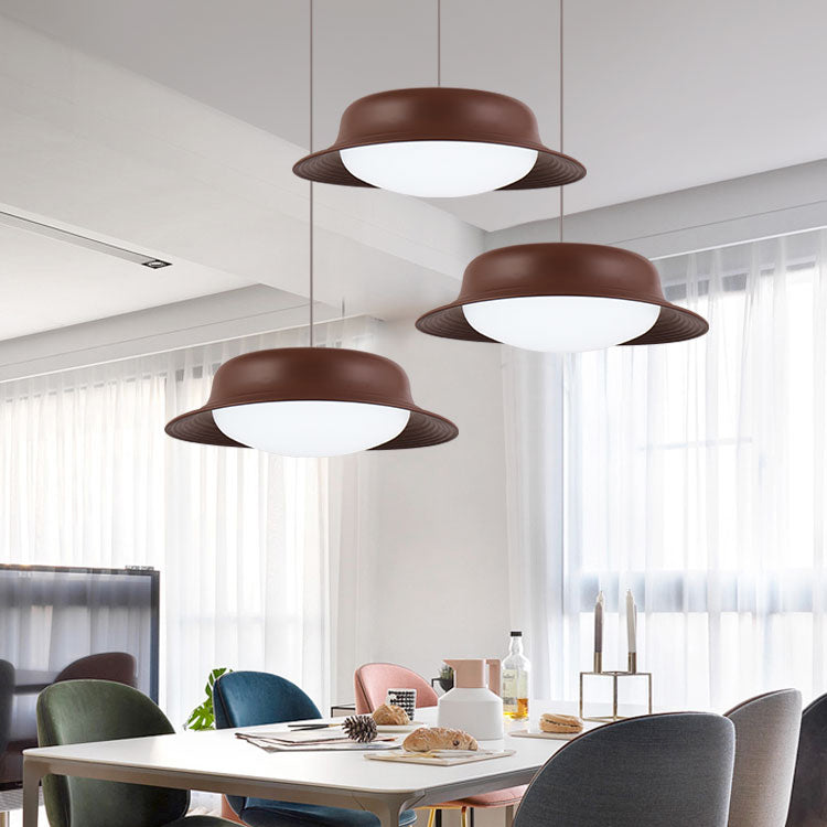 Hat Shape Drop Pendant Post Modern Metal LED Dining Room Hanging Lamp Fixture in White/Brown Clearhalo 'Ceiling Lights' 'Modern Pendants' 'Modern' 'Pendant Lights' 'Pendants' Lighting' 122592