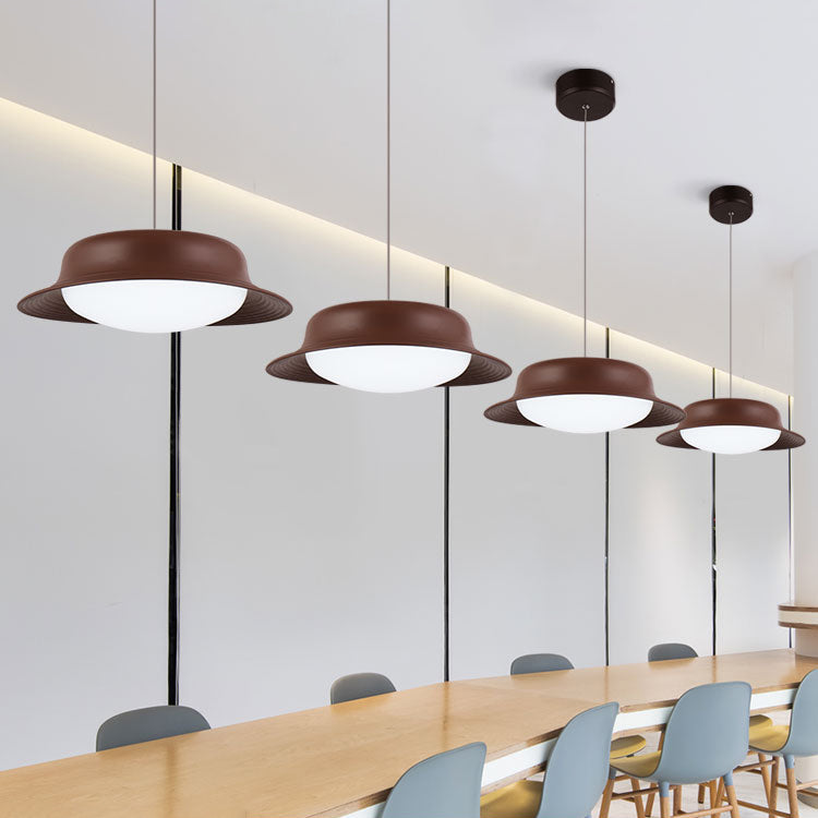 Hat Shape Drop Pendant Post Modern Metal LED Dining Room Hanging Lamp Fixture in White/Brown Clearhalo 'Ceiling Lights' 'Modern Pendants' 'Modern' 'Pendant Lights' 'Pendants' Lighting' 122593