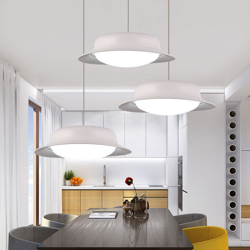 Hat Shape Drop Pendant Post Modern Metal LED Dining Room Hanging Lamp Fixture in White/Brown Clearhalo 'Ceiling Lights' 'Modern Pendants' 'Modern' 'Pendant Lights' 'Pendants' Lighting' 122598