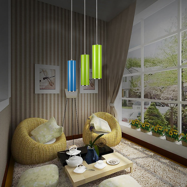 11"/19"/23.5" H Blue/Green Metal Cylinder Pendant Lamp Simple Style 1 Head Bar Hanging Pendant Light in Warm/White Clearhalo 'Ceiling Lights' 'Modern Pendants' 'Modern' 'Pendant Lights' 'Pendants' Lighting' 122749