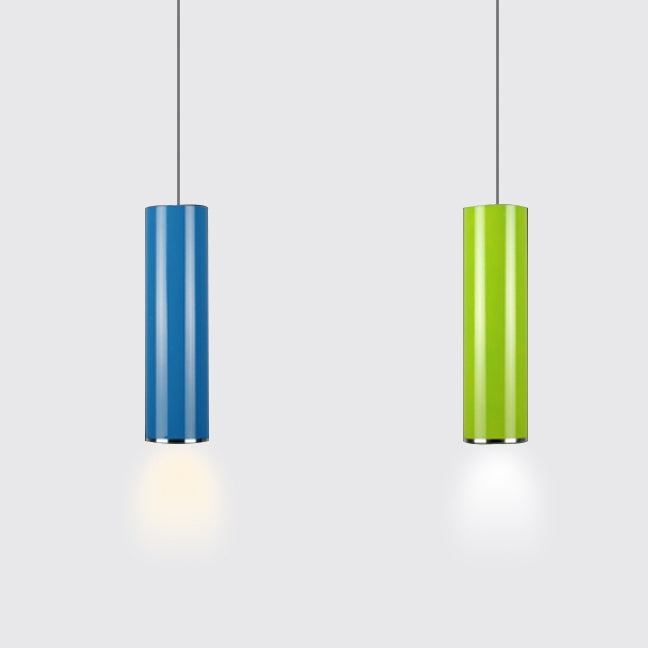 11"/19"/23.5" H Blue/Green Metal Cylinder Pendant Lamp Simple Style 1 Head Bar Hanging Pendant Light in Warm/White Clearhalo 'Ceiling Lights' 'Modern Pendants' 'Modern' 'Pendant Lights' 'Pendants' Lighting' 122750