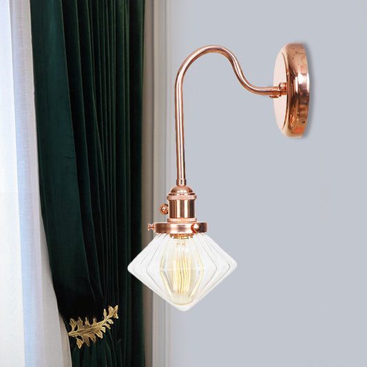 Clear/Amber Glass Copper Sconce Light Diamond 1 Light Farmhouse Wall Lighting Fixture for Bedroom Clearhalo 'Art deco wall lights' 'Cast Iron' 'Glass' 'Industrial wall lights' 'Industrial' 'Middle century wall lights' 'Modern' 'Rustic wall lights' 'Tiffany' 'Traditional wall lights' 'Wall Lamps & Sconces' 'Wall Lights' Lighting' 1229822