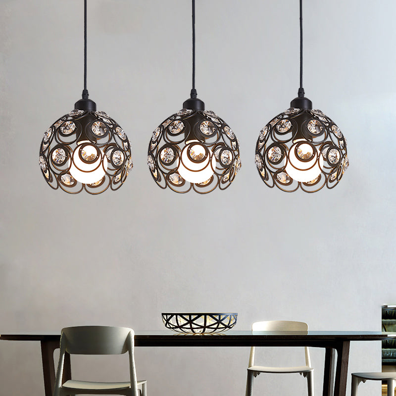 Dome Metal Cage Pendant Lamp Modern Crystal 1/3 Lights White/Black Hanging Light Fixture with Round/Linear Canopy 3 Black Linear Clearhalo 'Ceiling Lights' 'Modern Pendants' 'Modern' 'Pendant Lights' 'Pendants' Lighting' 125227