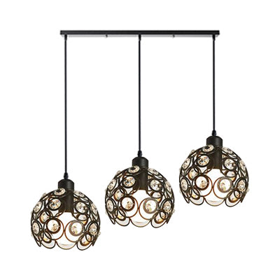 Dome Metal Cage Pendant Lamp Modern Crystal 1/3 Lights White/Black Hanging Light Fixture with Round/Linear Canopy Clearhalo 'Ceiling Lights' 'Modern Pendants' 'Modern' 'Pendant Lights' 'Pendants' Lighting' 125228