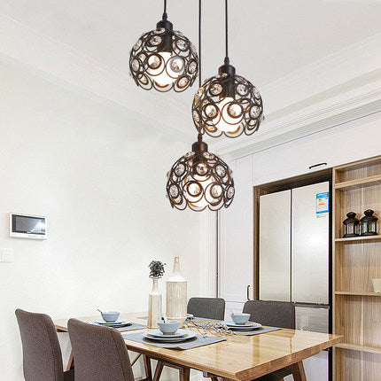 Dome Metal Cage Pendant Lamp Modern Crystal 1/3 Lights White/Black Hanging Light Fixture with Round/Linear Canopy 3 Black Round Clearhalo 'Ceiling Lights' 'Modern Pendants' 'Modern' 'Pendant Lights' 'Pendants' Lighting' 125230