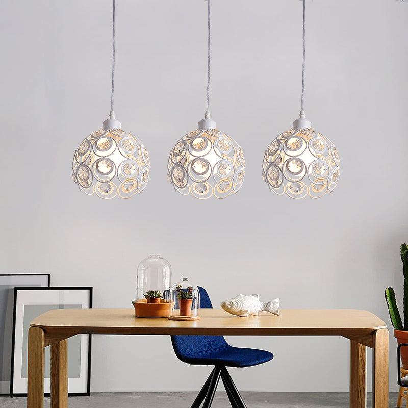 Dome Metal Cage Pendant Lamp Modern Crystal 1/3 Lights White/Black Hanging Light Fixture with Round/Linear Canopy Clearhalo 'Ceiling Lights' 'Modern Pendants' 'Modern' 'Pendant Lights' 'Pendants' Lighting' 125232